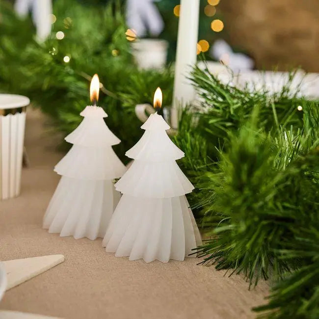 White Christmas Tree Candles - Tree Shaped Candles - Christmas Table Decor - Festive Candle Decorations - Xmas Home Decor - Pack of 2 - Jolie Fete UK