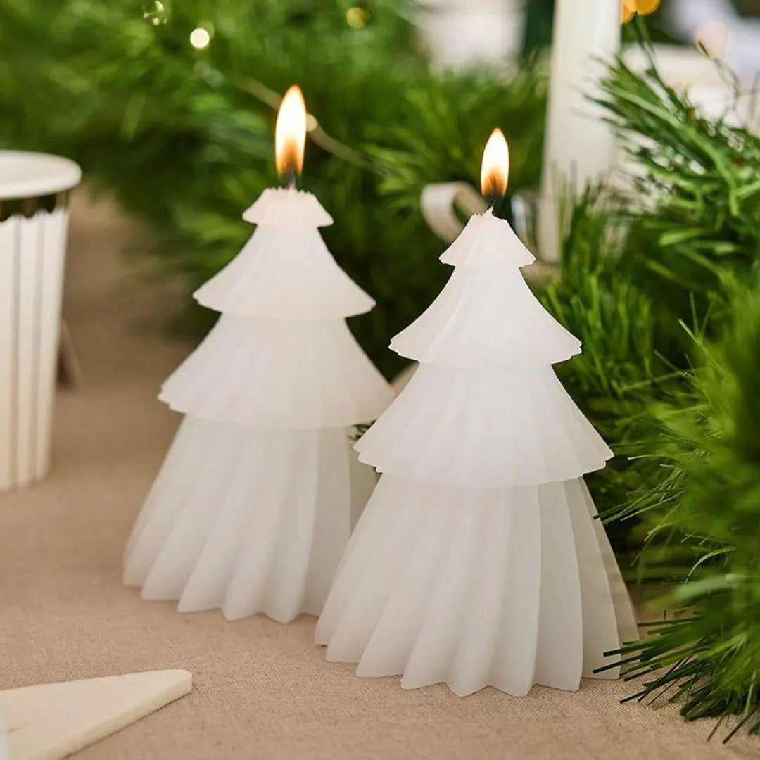 White Christmas Tree Candles - Tree Shaped Candles - Christmas Table Decor - Festive Candle Decorations - Xmas Home Decor - Pack of 2 - Jolie Fete UK