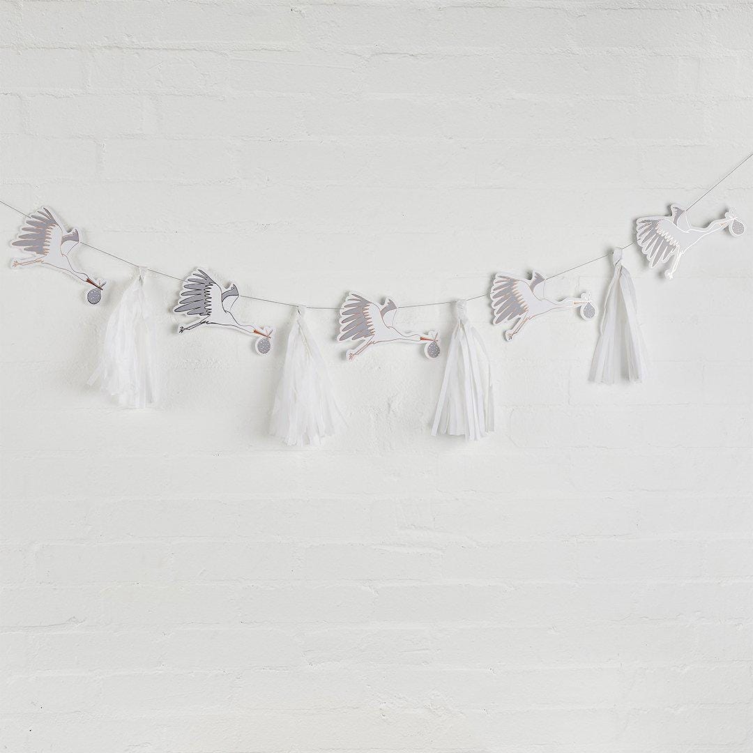 Stork and Tassel Baby Shower Garland - White & Grey Nursery Decor - Gender Neutral Party Decorations - New Baby Celebration - 3m DIY Bunting - Jolie Fete UK