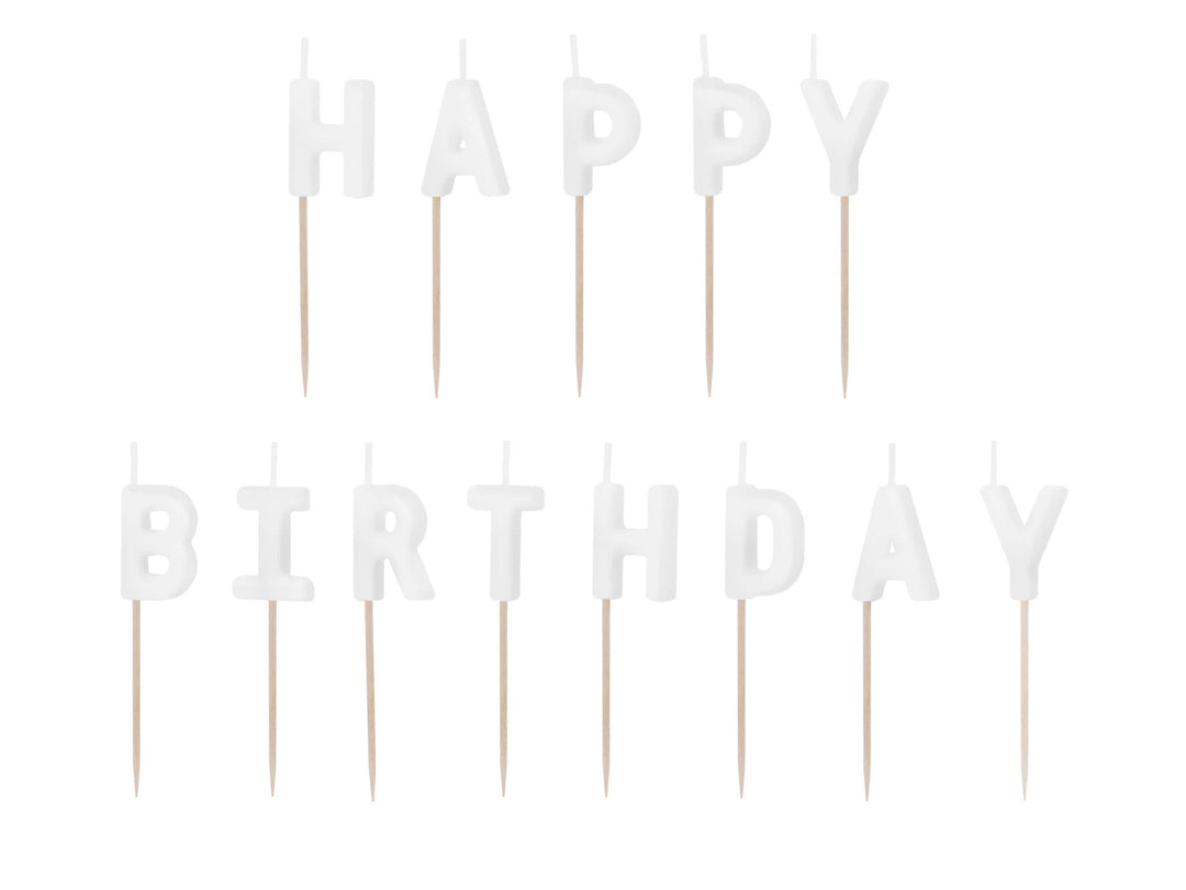 White Happy Birthday Cake Candles - White Cake Decorations - Plain White Birthday Party Decor - 13 Letter Candles - Jolie Fete UK