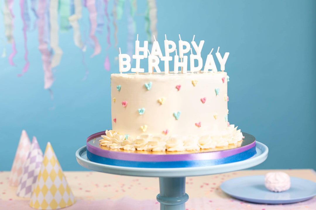 White Happy Birthday Cake Candles - White Cake Decorations - Plain White Birthday Party Decor - 13 Letter Candles - Jolie Fete UK