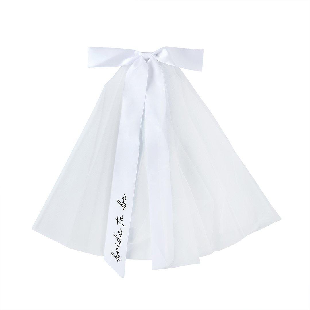 White Hen Party Veil With Large Satin Bow - Bride To Be Veil - Coquette Bridal Hair Accessory Black Script -Hootyballoo She's Tying The Knot - Jolie Fete UK