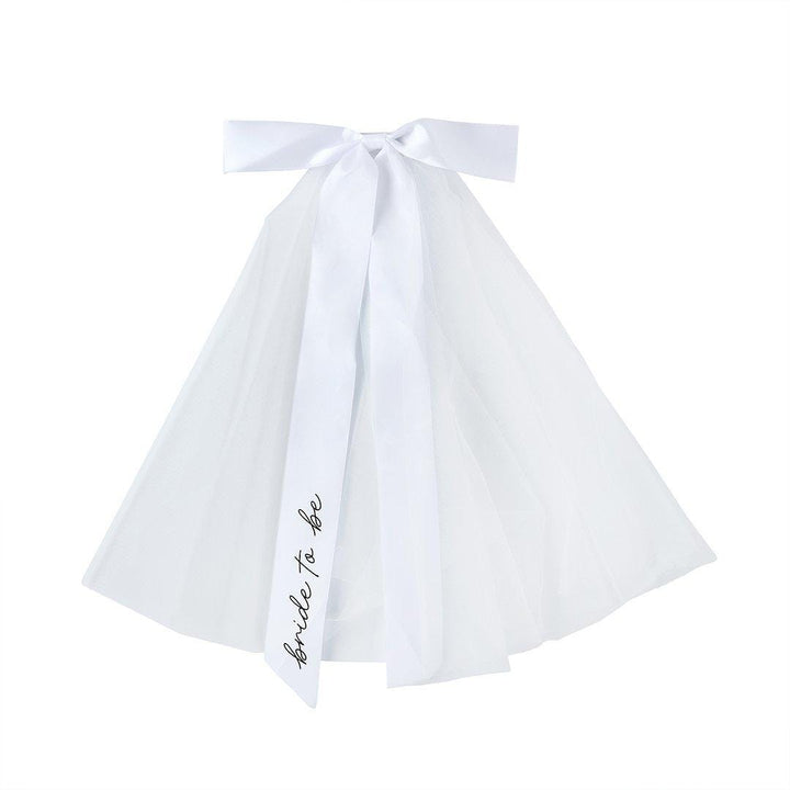 White Hen Party Veil With Large Satin Bow - Bride To Be Veil - Coquette Bridal Hair Accessory Black Script -Hootyballoo She's Tying The Knot - Jolie Fete UK