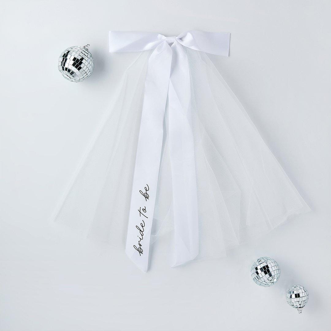 White Hen Party Veil With Large Satin Bow - Bride To Be Veil - Coquette Bridal Hair Accessory Black Script -Hootyballoo She's Tying The Knot - Jolie Fete UK