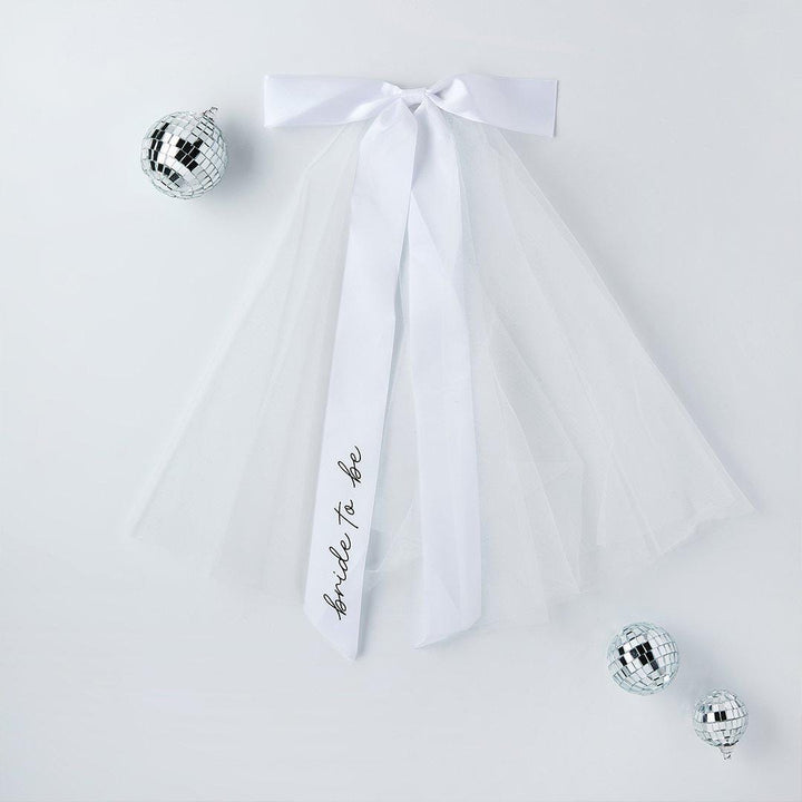 White Hen Party Veil With Large Satin Bow - Bride To Be Veil - Coquette Bridal Hair Accessory Black Script -Hootyballoo She's Tying The Knot - Jolie Fete UK