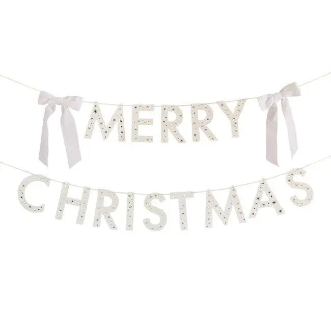 White Merry Christmas Card Banner - Velvet Bow Garland - Christmas Bunting Decoration - Xmas Mantel & Wall Hanging - Festive Home Decor - Jolie Fete UK