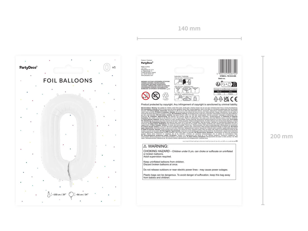 White Number 0 Balloon 86cm / 34" - Large Matt White Foil Mylar Digit - 10th Birthday Balloon - 100th - Anniversary Party Supplies - Jolie Fete UK