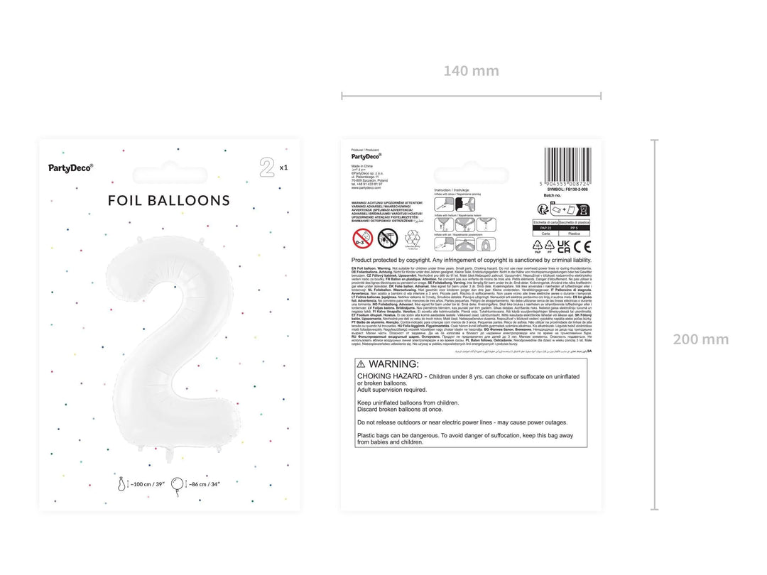 White Number 2 Balloon 86cm / 34" - Large Matt White Foil Mylar Digit - 2nd Birthday Balloon - 21st - Anniversary Party Supplies - Jolie Fete UK