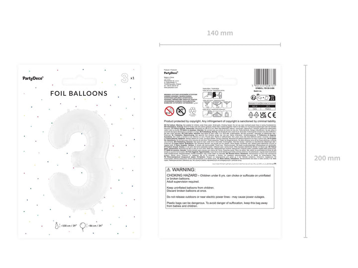 White Number 3 Balloon 86cm / 34" - Large Matt White Foil Mylar Digit - 30th Birthday Balloon - 3rd - Anniversary Party Supplies - Jolie Fete UK