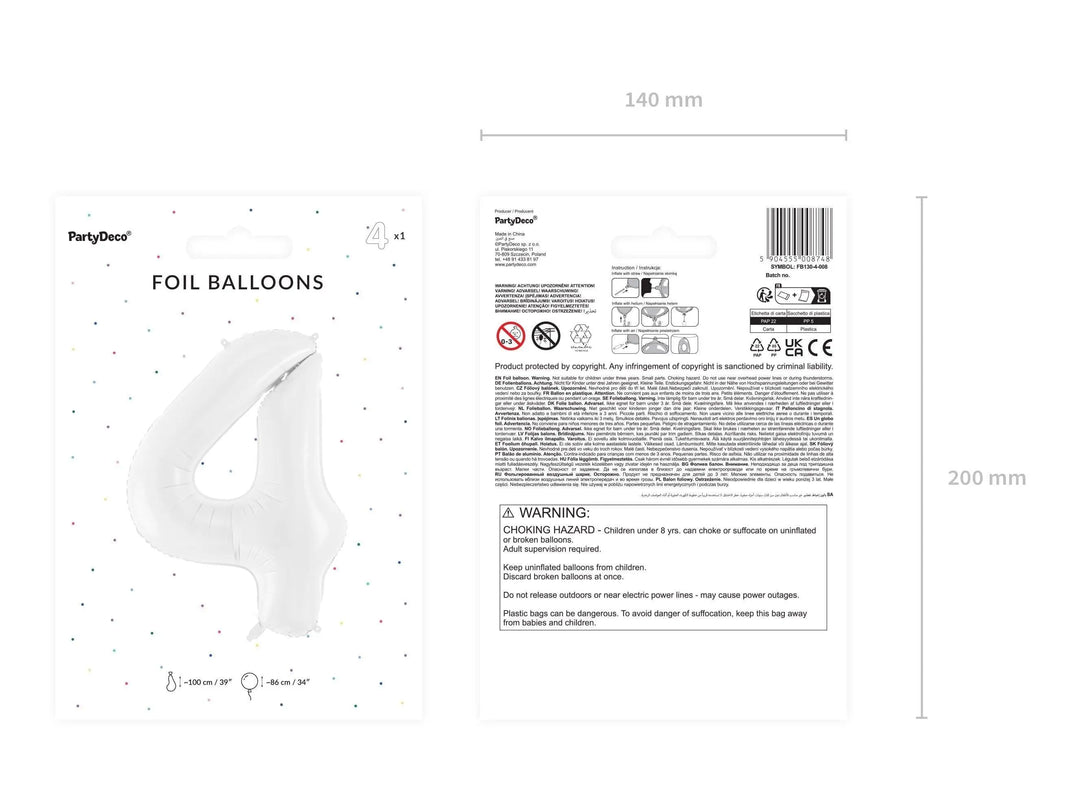 White Number 4 Balloon 86cm / 34" - Large Matt White Foil Mylar Digit - 40th Birthday Balloon - 4th - Anniversary Party Supplies - Jolie Fete UK