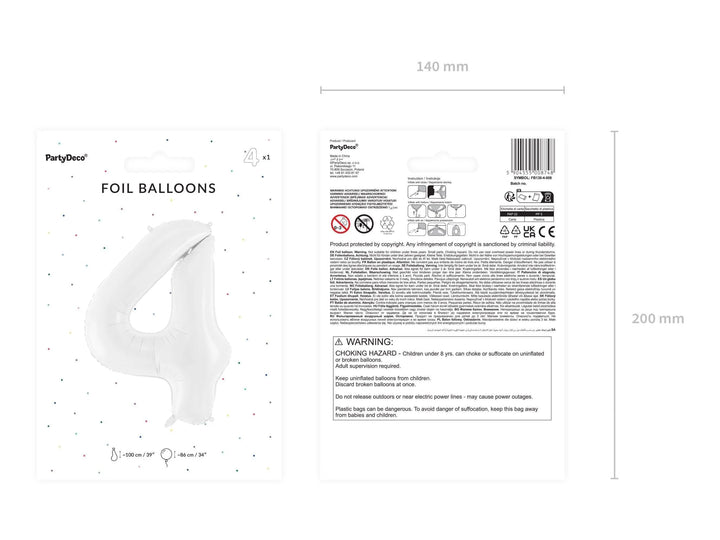 White Number 4 Balloon 86cm / 34" - Large Matt White Foil Mylar Digit - 40th Birthday Balloon - 4th - Anniversary Party Supplies - Jolie Fete UK