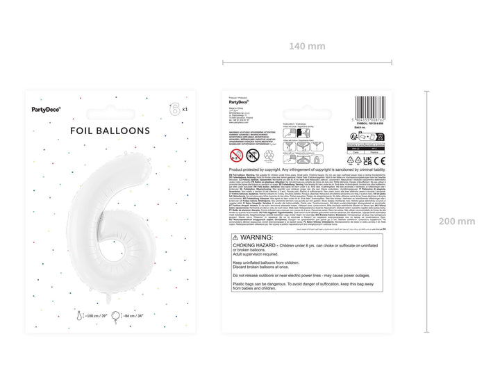 White Number 6 Balloon 86cm / 34" - Large Matt White Foil Mylar Digit - 60th Birthday Balloon - 6th - Anniversary Party Supplies - Jolie Fete UK