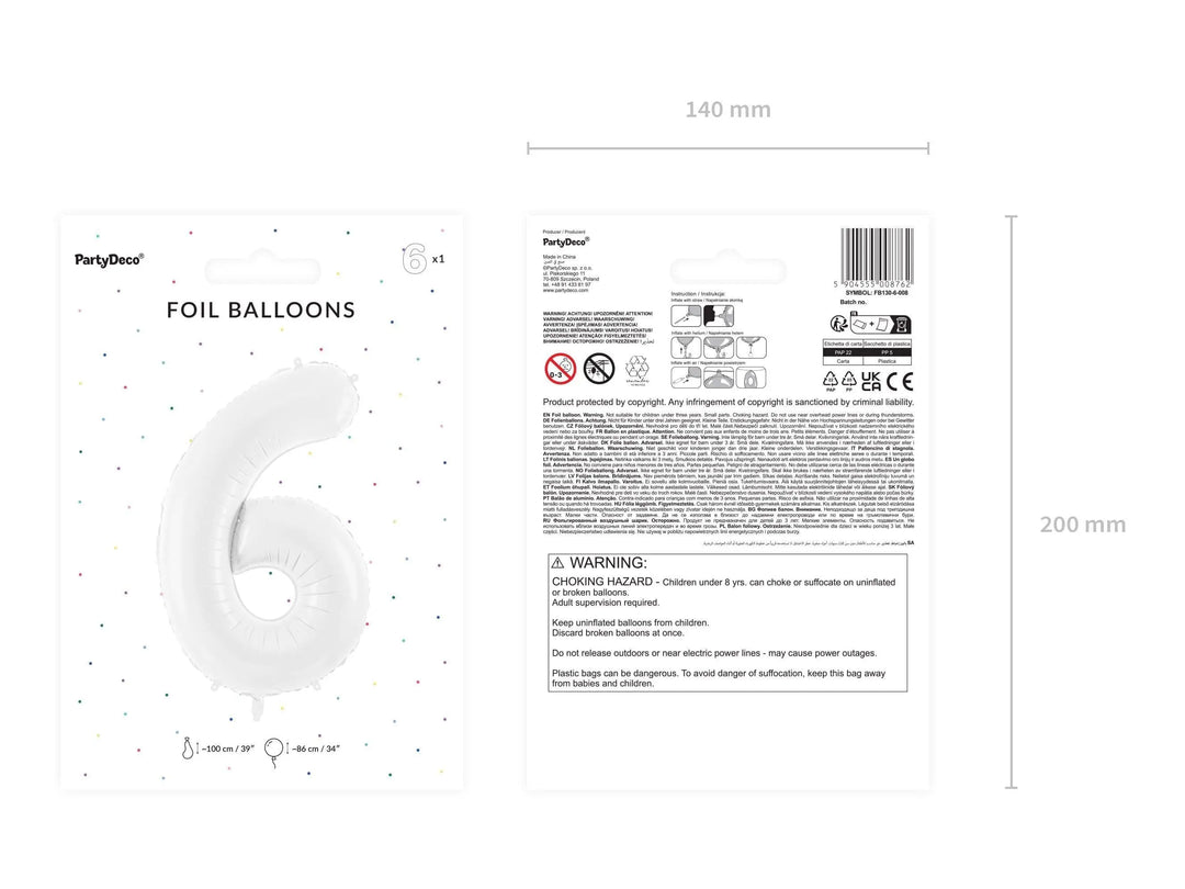 White Number 6 Balloon 86cm / 34" - Large Matt White Foil Mylar Digit - 60th Birthday Balloon - 6th - Anniversary Party Supplies - Jolie Fete UK