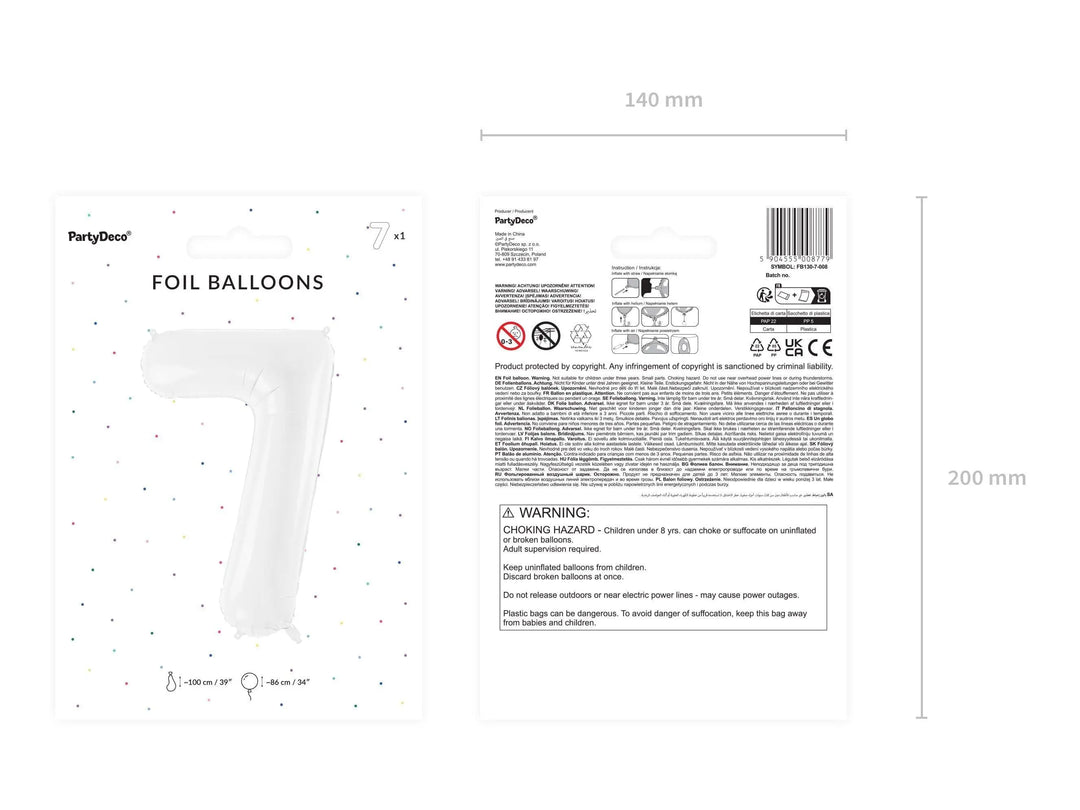 White Number 7 Balloon 86cm / 34" - Large Matt White Foil Mylar Digit - 70th Birthday Balloon - 7th - Anniversary Party Supplies - Jolie Fete UK