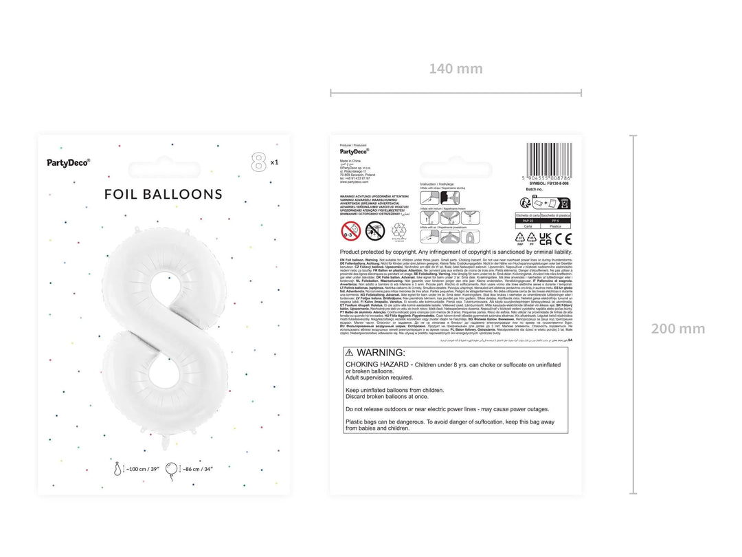 White Number 8 Balloon 86cm / 34" - Large Matt White Foil Mylar Digit - 80th Birthday Balloon - 8th - Anniversary Party Supplies - Jolie Fete UK