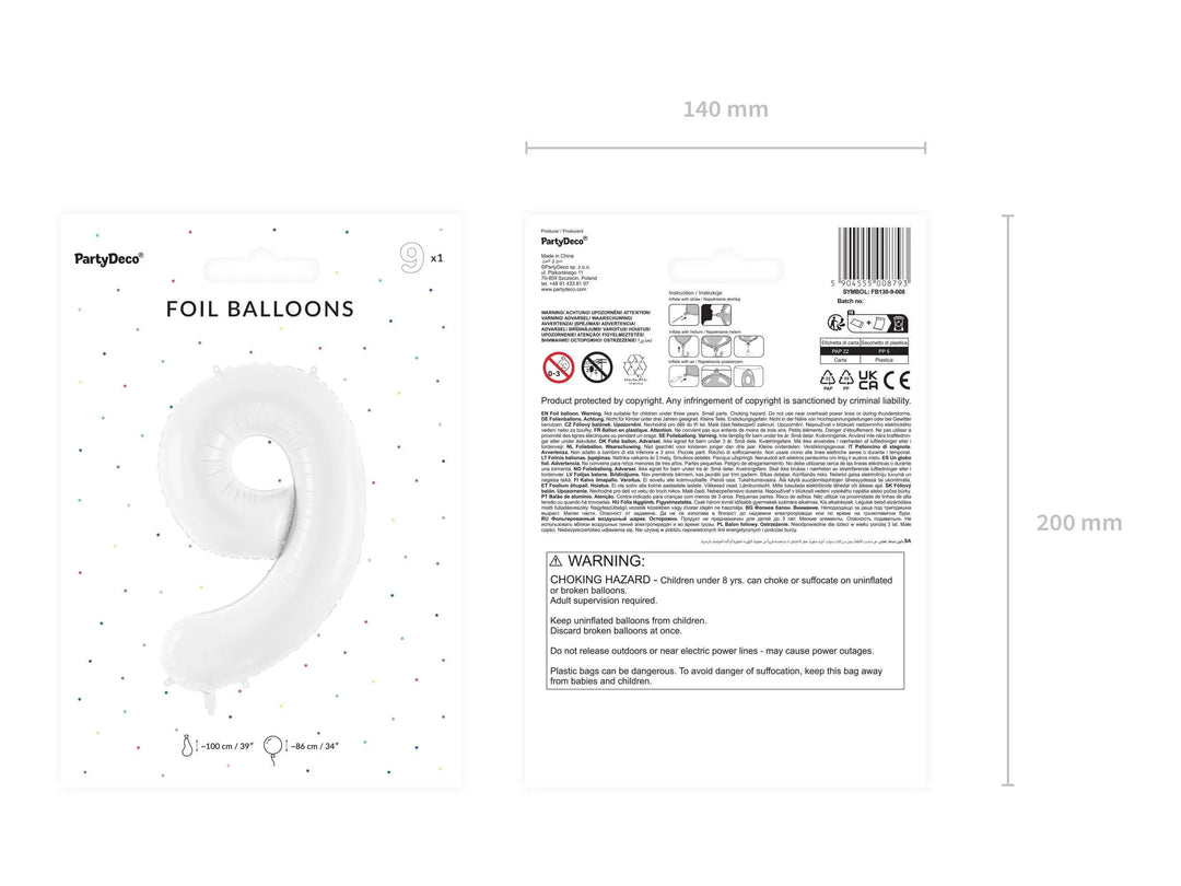 White Number 9 Balloon 86cm / 34" - Large Matt White Foil Mylar Digit - 90th Birthday Balloon - 9th - Anniversary Party Supplies - Jolie Fete UK
