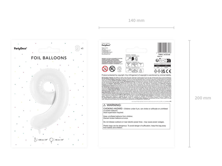 White Number 9 Balloon 86cm / 34" - Large Matt White Foil Mylar Digit - 90th Birthday Balloon - 9th - Anniversary Party Supplies - Jolie Fete UK