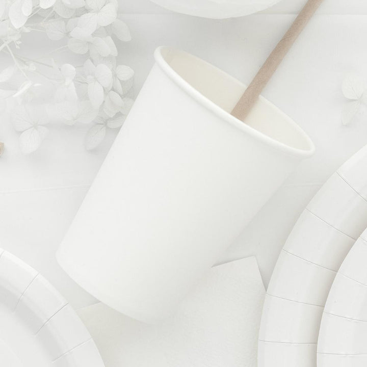 White Paper Cups 250ml - White Party Cups - Disposable Cups for Birthday - Baby Shower - Tea Party - Wedding Decor - Christening - Pack of 6 - Jolie Fete UK