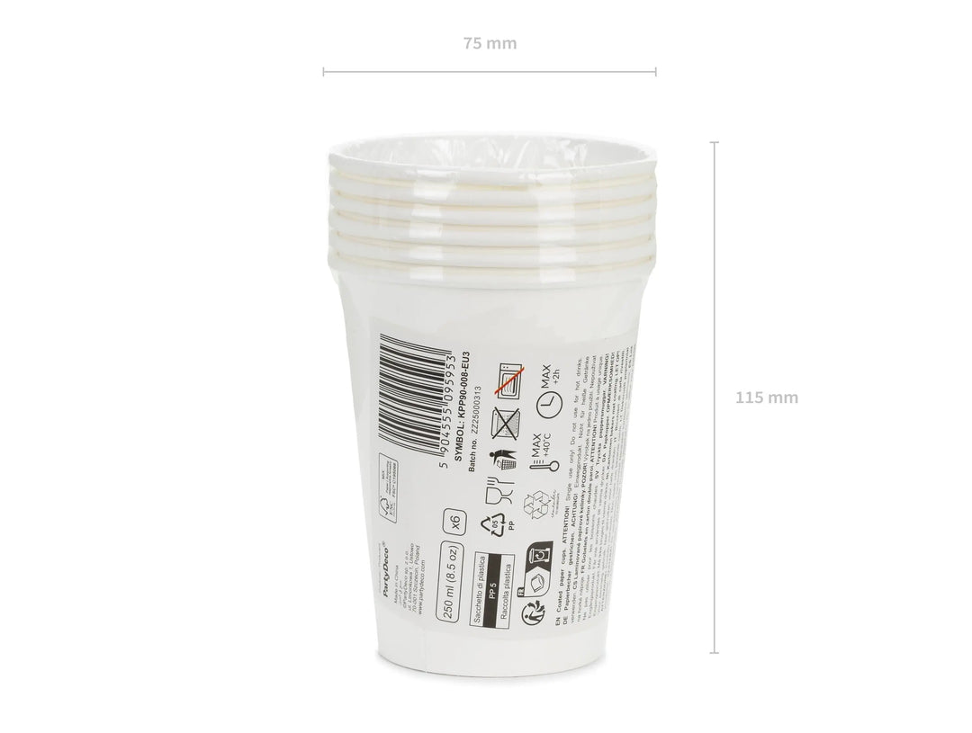 White Paper Cups 250ml - White Party Cups - Disposable Cups for Birthday - Baby Shower - Tea Party - Wedding Decor - Christening - Pack of 6 - Jolie Fete UK