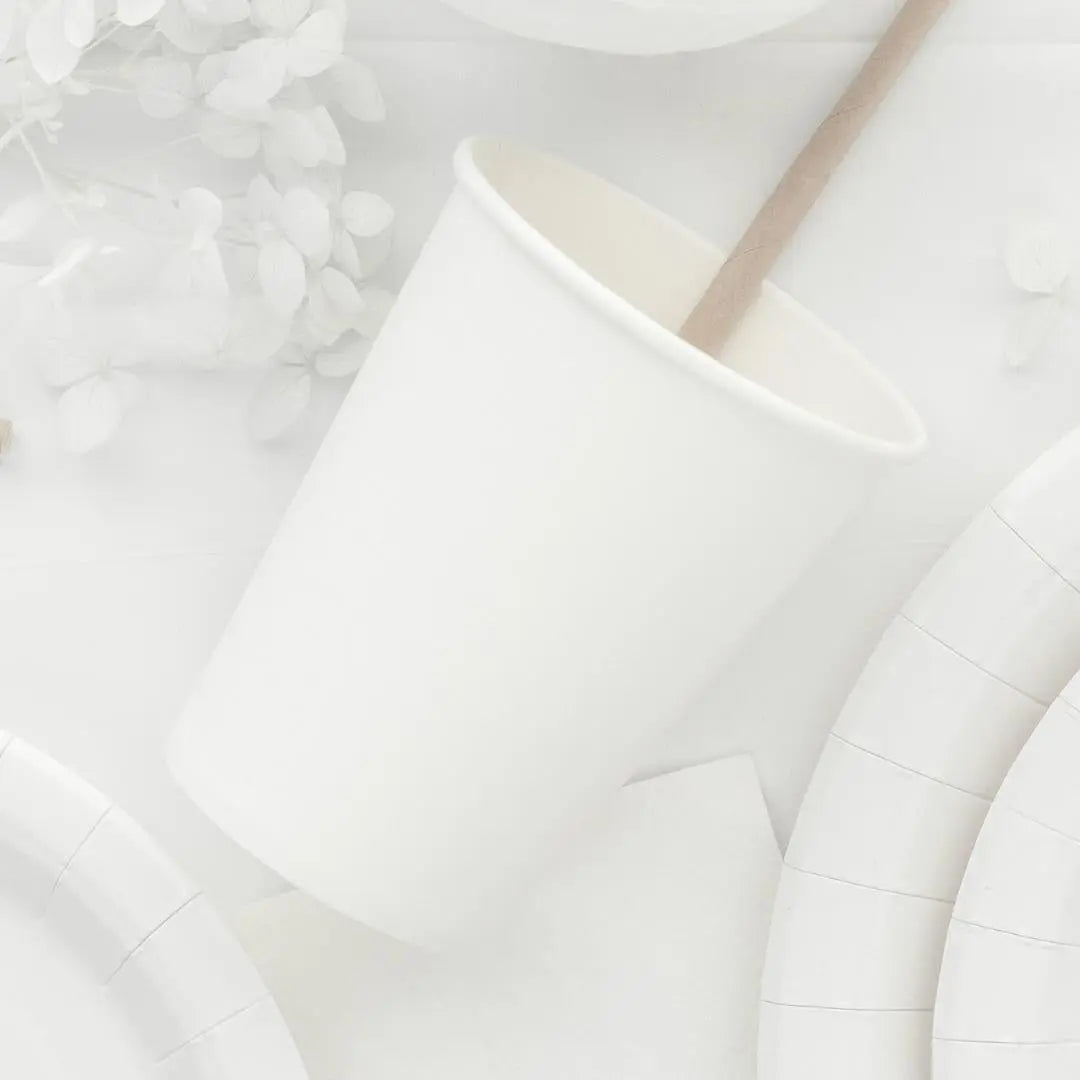 White Paper Cups 250ml - White Party Cups - Disposable Cups for Birthday - Baby Shower - Tea Party - Wedding Decor - Christening - Pack of 6 - Jolie Fete UK