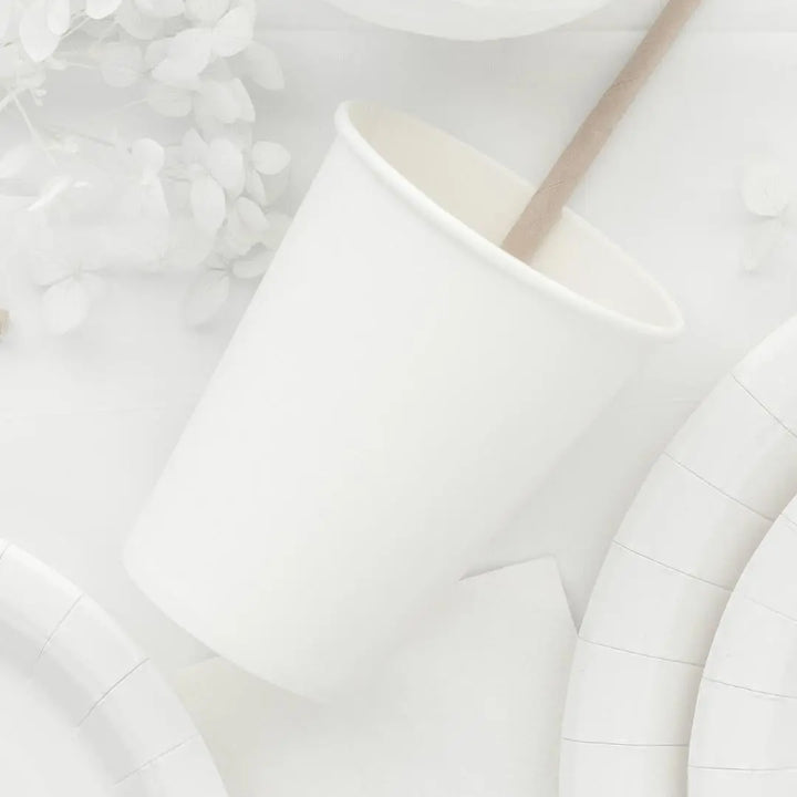 White Paper Cups 250ml - White Party Cups - Disposable Cups for Birthday - Baby Shower - Tea Party - Wedding Decor - Christening - Pack of 6 - Jolie Fete UK