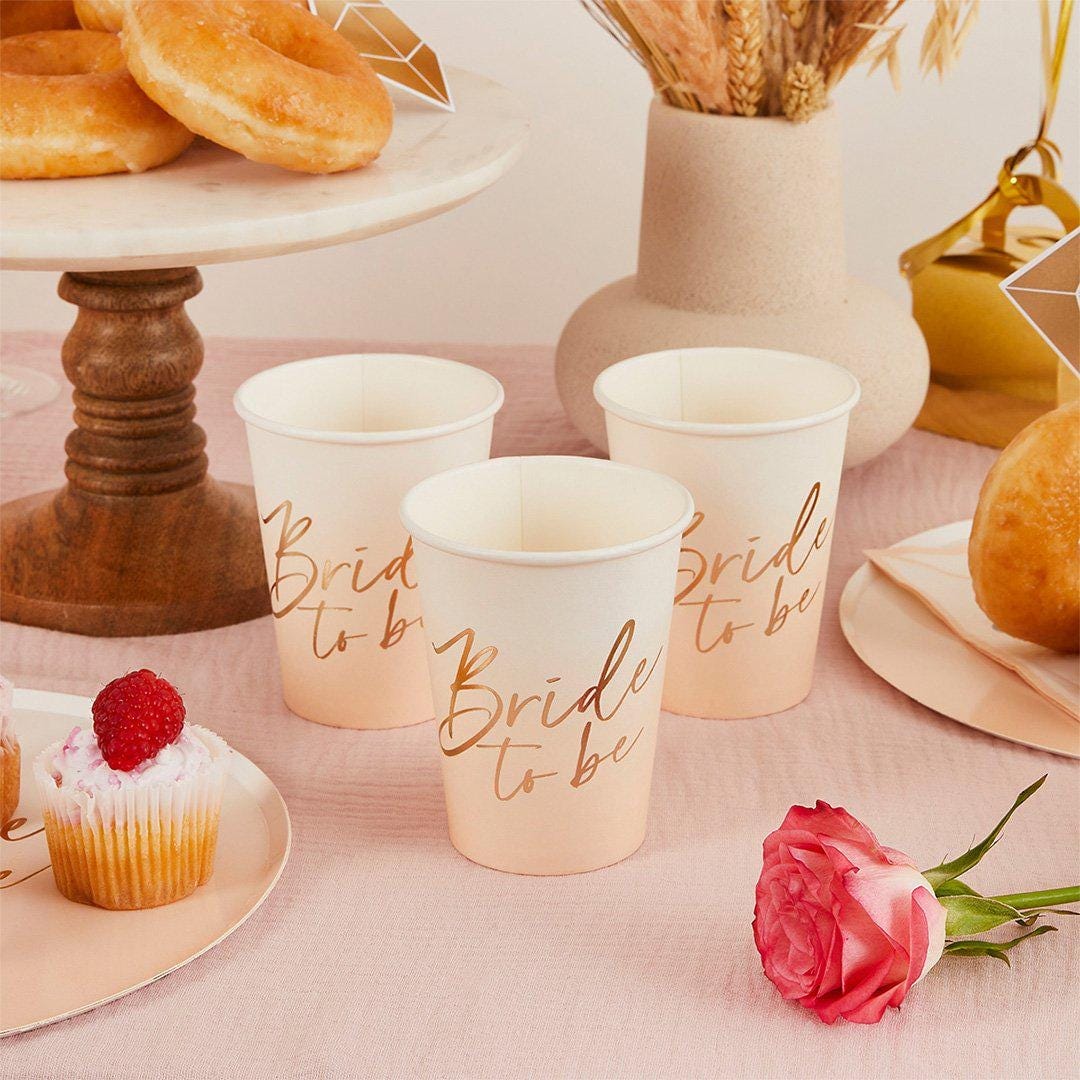 Bride To Be Paper Cups - White & Peach Hen Party Tableware - Gold Foil Bride Cups - Engagement Party Drinks-Elegant Bridal Shower-Pack of 8 - Jolie Fete UK