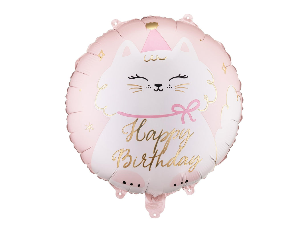 Cat Balloon - White Kitty Happy Birthday Balloon - Pastel Pink Kitten Foil Balloon - Cute Cat Theme Birthday Decor - Gold Foil Script - Jolie Fete UK
