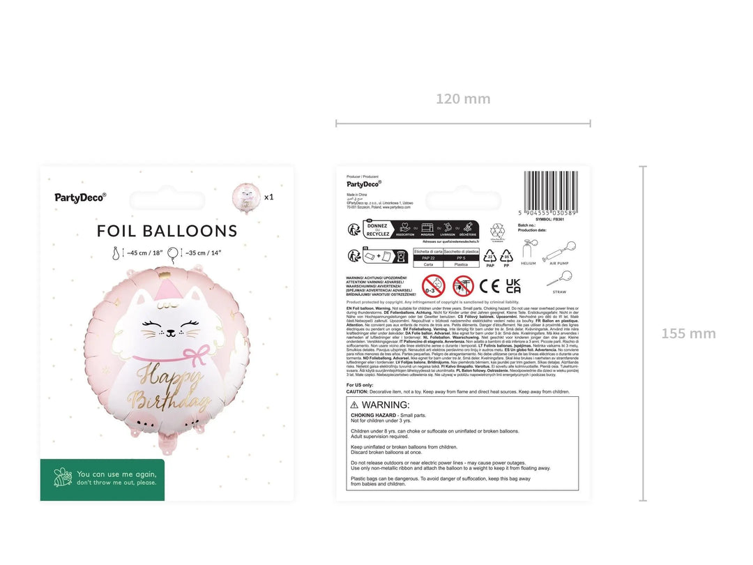 Cat Balloon - White Kitty Happy Birthday Balloon - Pastel Pink Kitten Foil Balloon - Cute Cat Theme Birthday Decor - Gold Foil Script - Jolie Fete UK