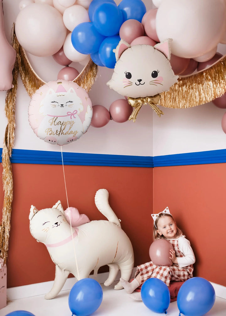 Cat Balloon - White Kitty Happy Birthday Balloon - Pastel Pink Kitten Foil Balloon - Cute Cat Theme Birthday Decor - Gold Foil Script - Jolie Fete UK