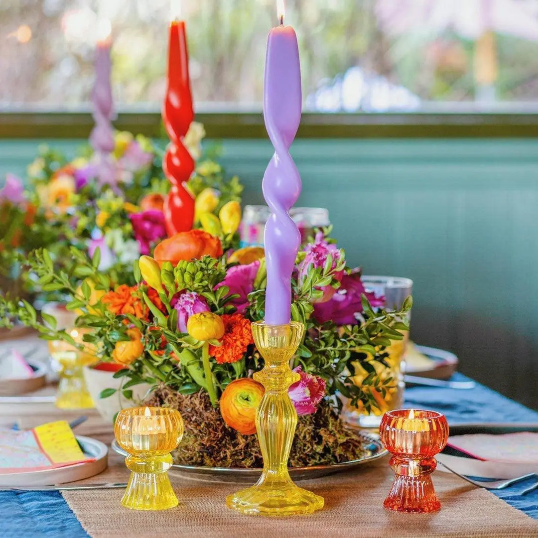 Yellow Glass Candle Holder - Dinner Candlestick Holder - Party Table Decorations - Boho Style - Jolie Fete UK