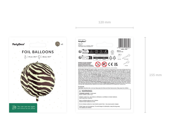 Zebra Print Balloon - Safari Birthday Decorations - Jungle Theme Foil Balloon - Orb Ball Balloon - Wild One Party - Kids Birthday Party - Jolie Fete UK