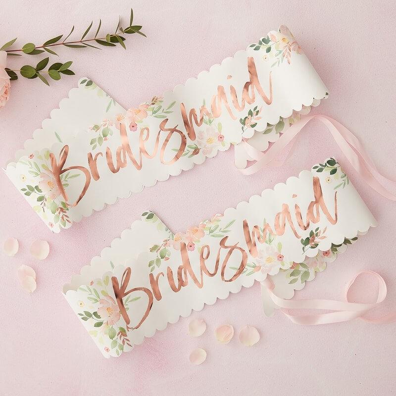 Rose Gold & Floral 'Bridesmaid' Sashes - Pack of 2 - Floral Hen