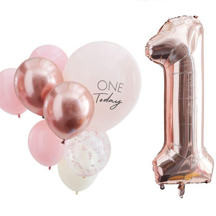 Pink and Rose Gold First Birthday Balloons - Mix It Up