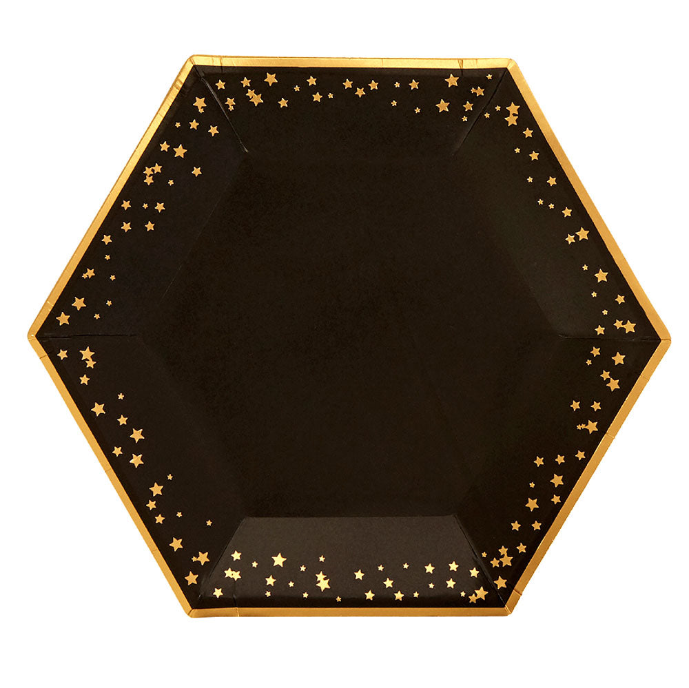 Black & Gold Stars Large Paper Plates - Pack of 8 - Glitz & Glam Black & Gold
