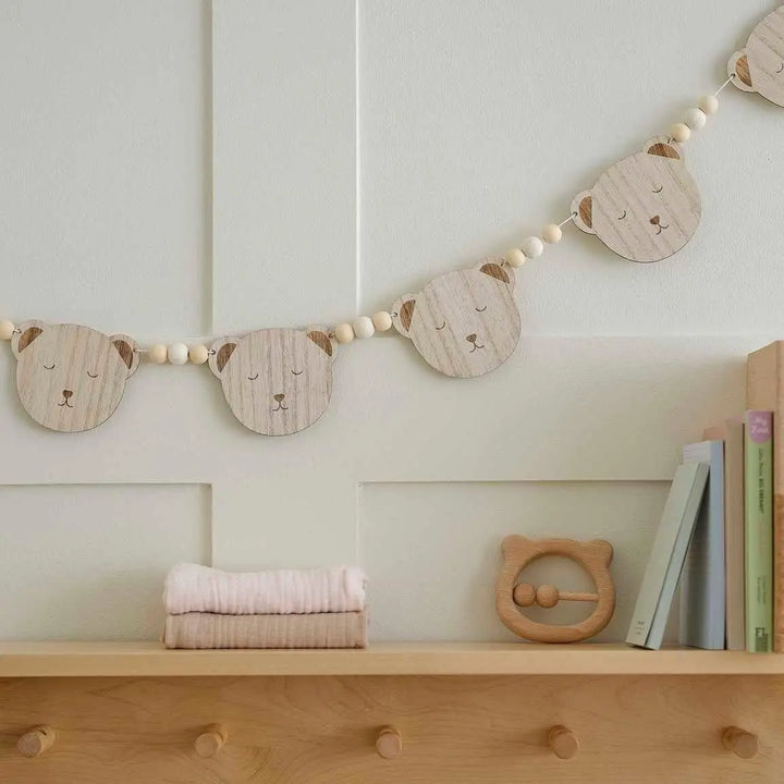 Baby Shower Bunting - Wooden Teddy Bear & Bead Baby Shower Garland - New Baby Party - Neutral Decor - Gender Reveal Party Decorations
