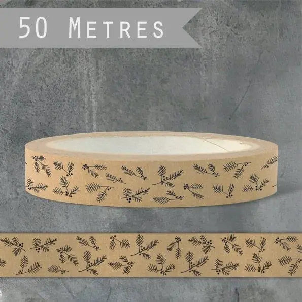Christmas Tape - Brown Tape With Berry Branches - Christmas Crafts - Christmas Wrapping - 50m Roll - East Of India