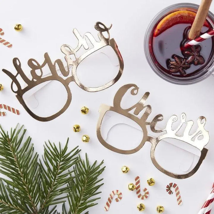 Gold Christmas Photo Prop Fun Glasses - Ho Ho Ho & Cheers Party Selfie Glasses
