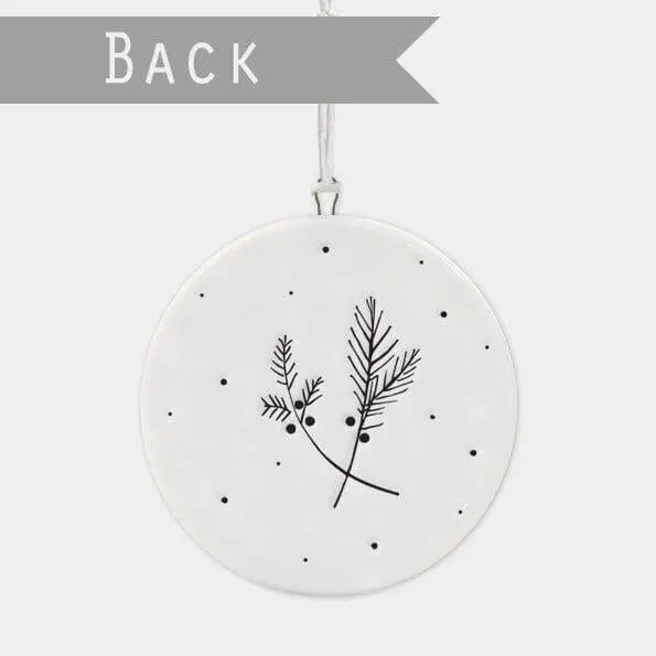 Porcelain Christmas Decoration - Small White Christmas Tree Decoration - Merry Christmas White Flat Bauble - Robin - Firs - Holiday Decor