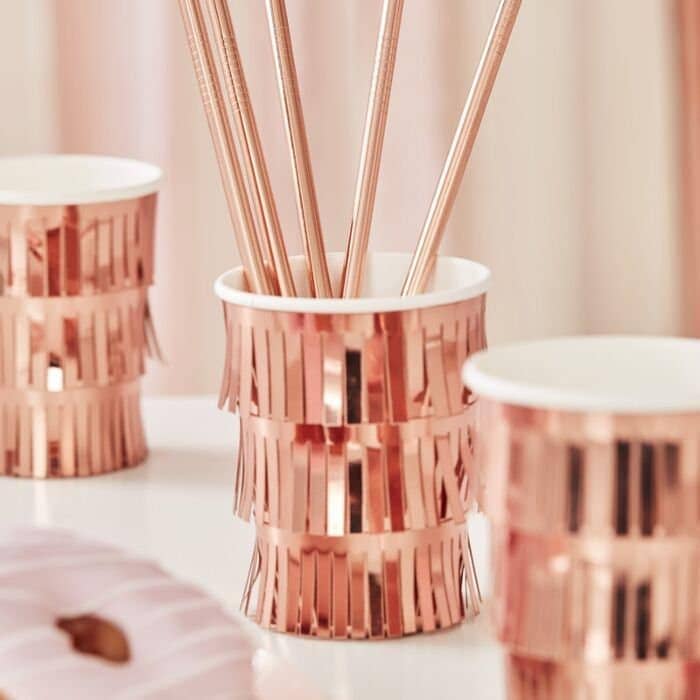 Rose Gold Paper Cups - Rose gold Tassel Party Paper Cups - Birthday Party Cups - Hen Party Cups - Pack of 8