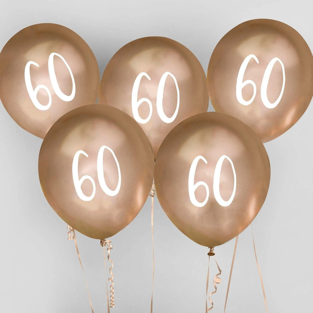 Gold 60th Birthday Balloons - Happy Birthday 60 Balloons - Chrome Gold & White Balloons - Party Decorations - Pack of 5
