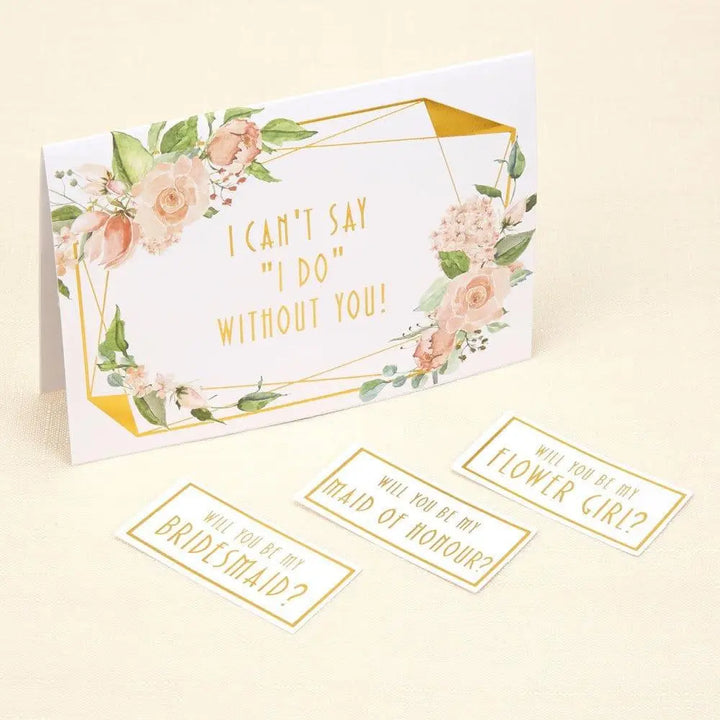 Gold & Floral Bridesmaid Cards - Will You Be My Bridesmaid, Maid Of Honour, Flower Girl? - Geo Floral - Pack of 3
