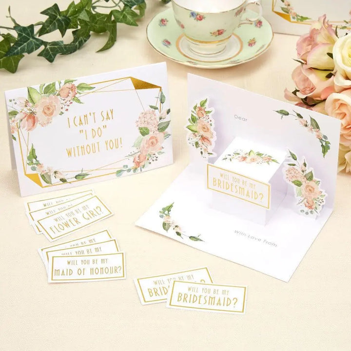 Gold & Floral Bridesmaid Cards - Will You Be My Bridesmaid, Maid Of Honour, Flower Girl? - Geo Floral - Pack of 3