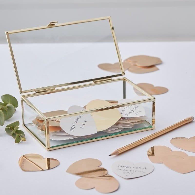 Gold Glass Box Alternative Wedding Guest Book With Gold Hearts, Gold Wedding Message Box