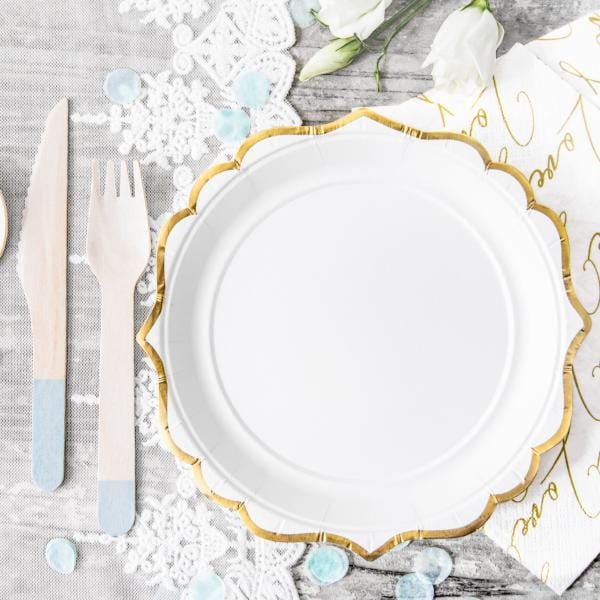 Gold Scroll Trim Small White Plates Party Deco