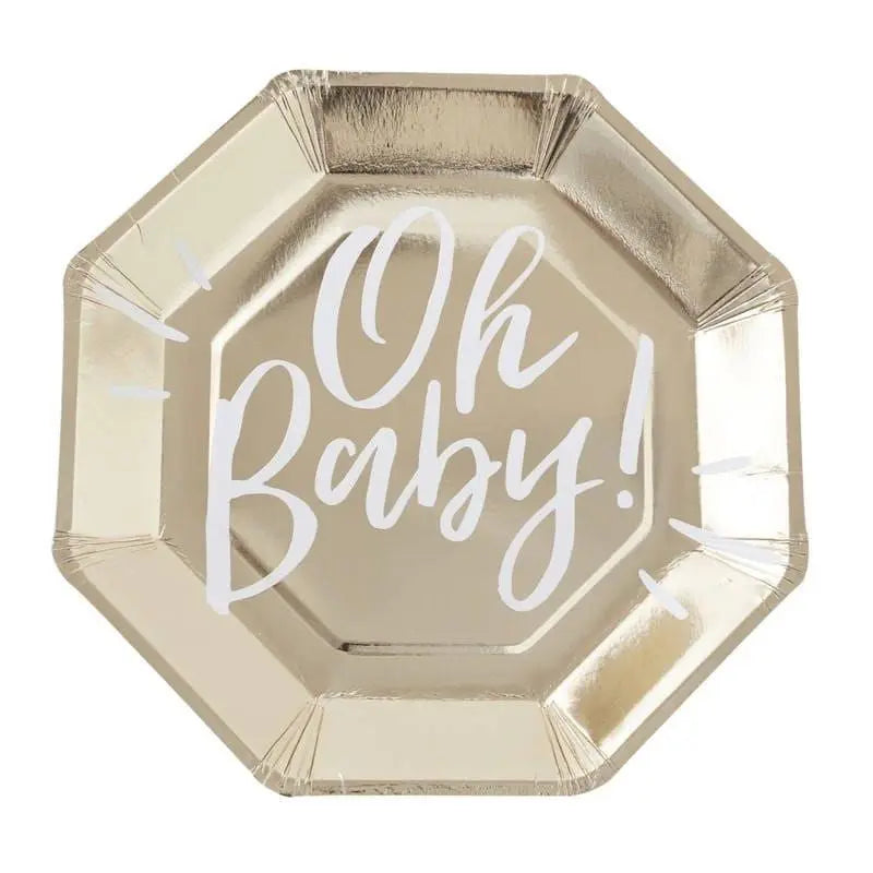 Gold & White Baby Shower Paper Plates - Pack of 8 - Oh Baby! Ginger Ray