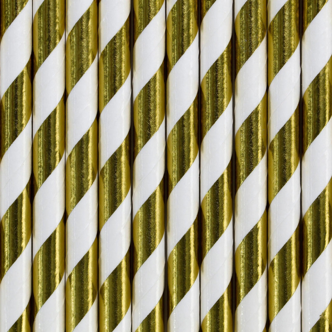 Gold and White Stripe Paper Straws - Pack of 10