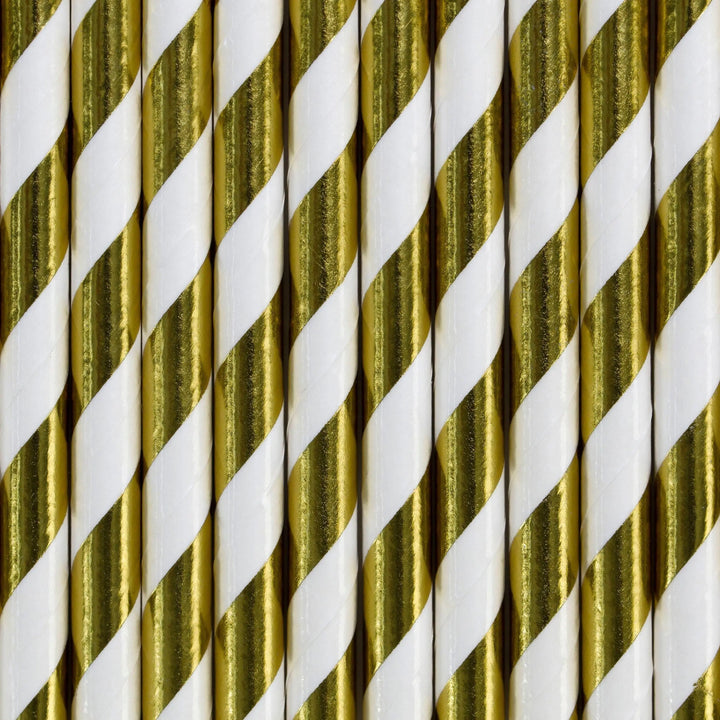 Gold and White Stripe Paper Straws - Pack of 10