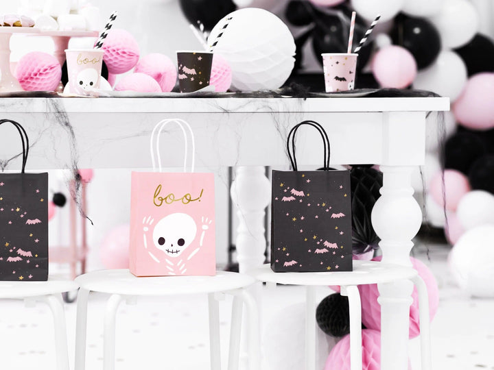 Halloween Party Bags - Bat Halloween Trick Or Treat Bags - Pink Bats - Black And Pink Paper Bags - Kids Halloween Bags - Pack of 6