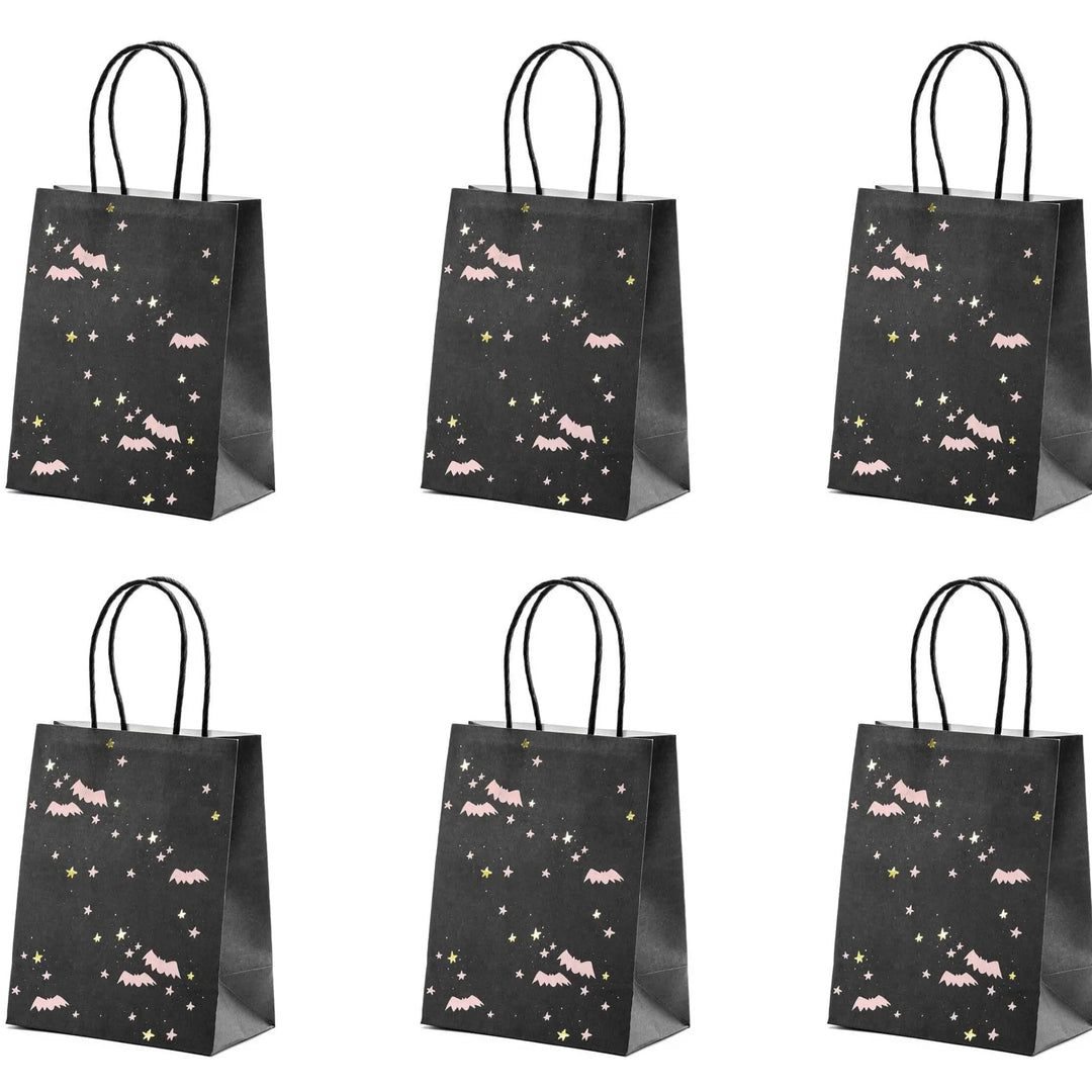 Halloween Party Bags - Bat Halloween Trick Or Treat Bags - Pink Bats - Black And Pink Paper Bags - Kids Halloween Bags - Pack of 6