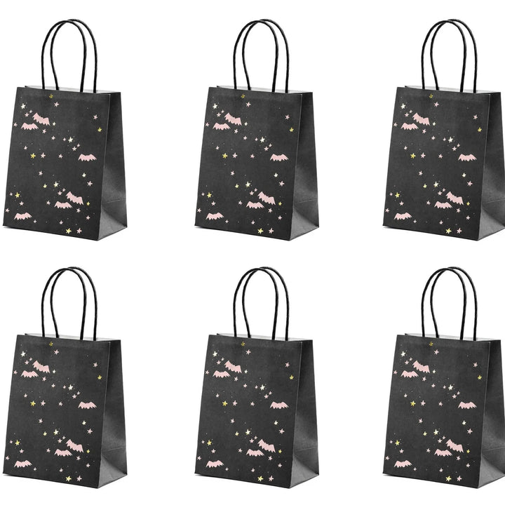 Halloween Party Bags - Bat Halloween Trick Or Treat Bags - Pink Bats - Black And Pink Paper Bags - Kids Halloween Bags - Pack of 6